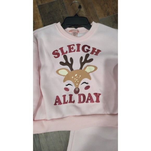 Lucky You Reindeer Holiday Pink Sweatsuit 2 Piece Set –Girls Size Small 7/8 B10 - Picture 5 of 5